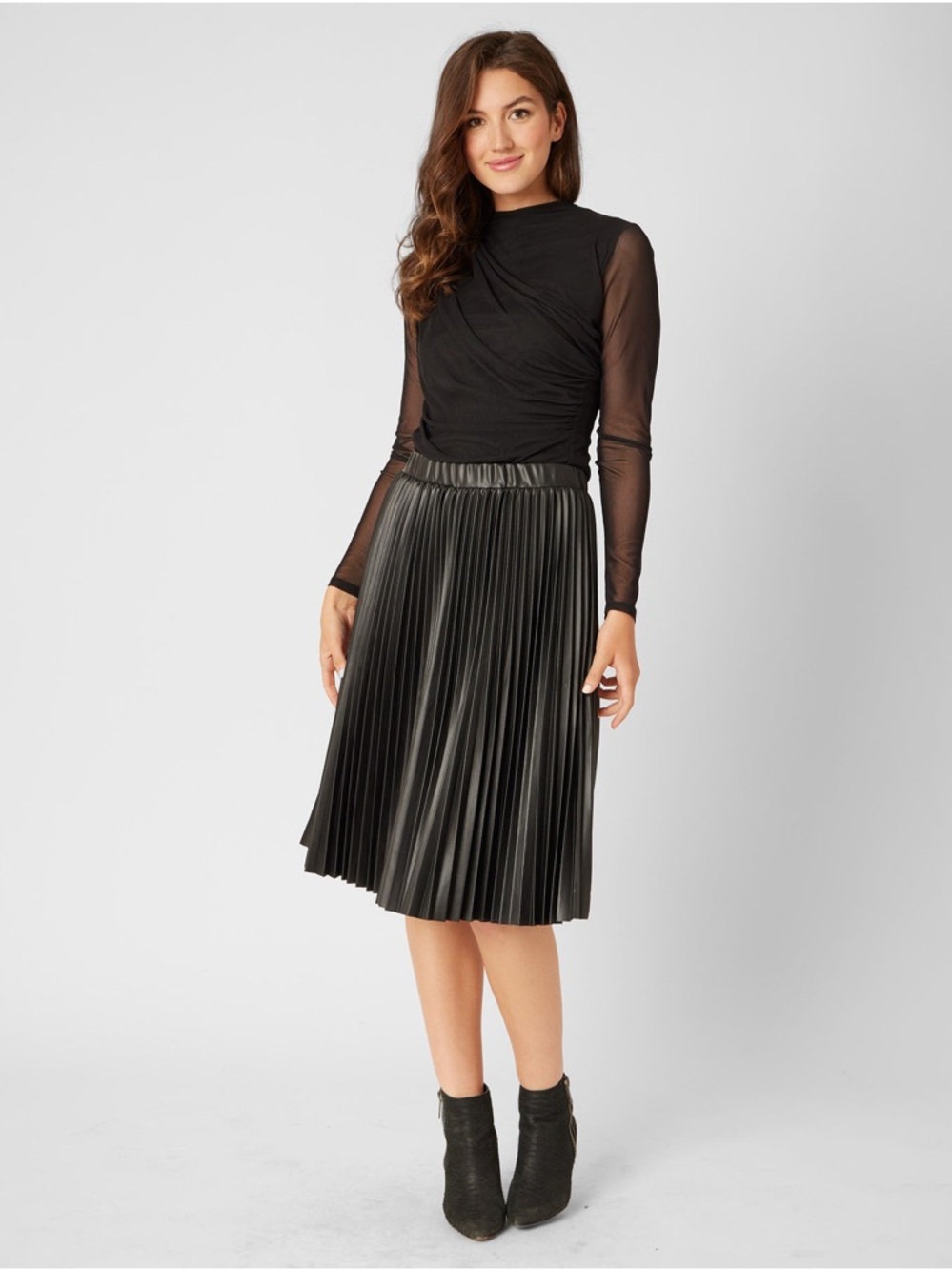 Adrienne Landau Black Pleated Faux Leather Midi Skirt